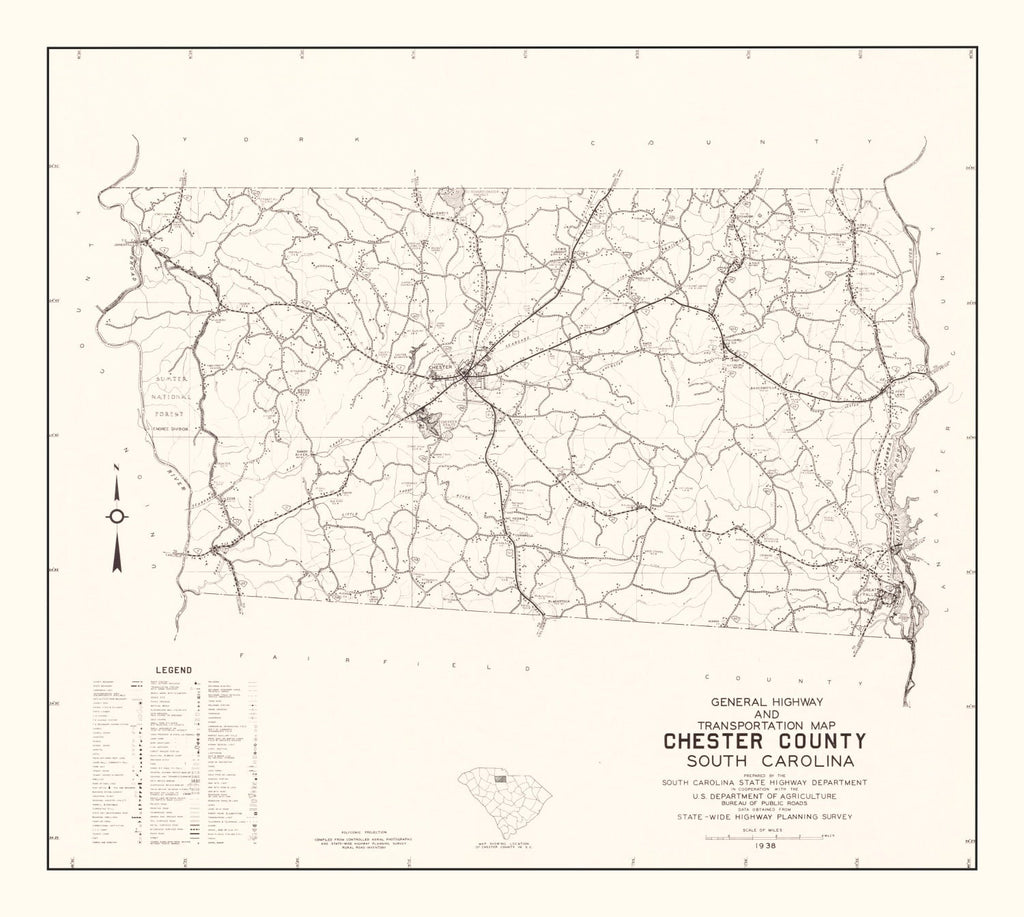 Vintage Map of Chester County, South Carolina 1938