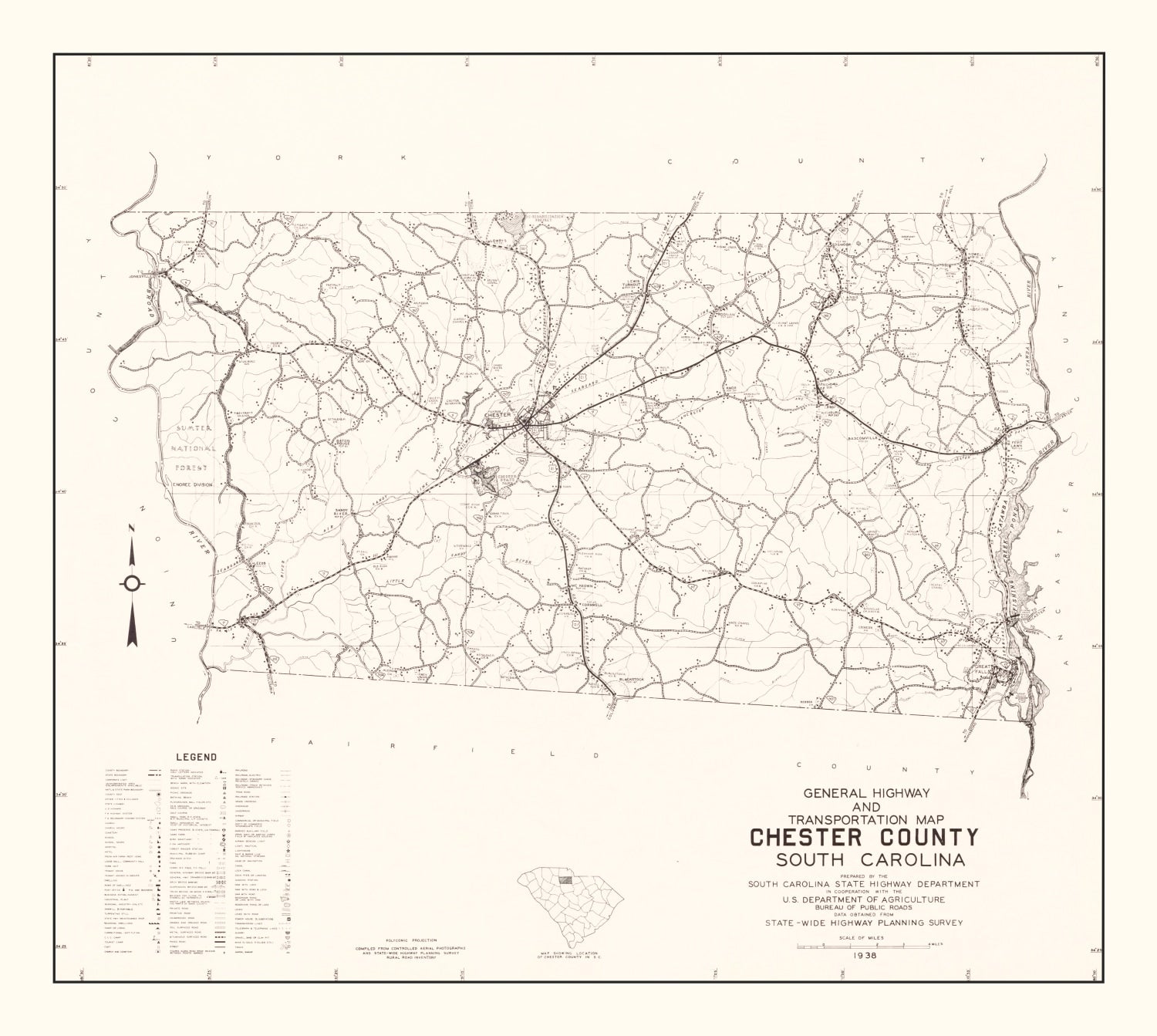 Vintage Map of Chester County, South Carolina 1938