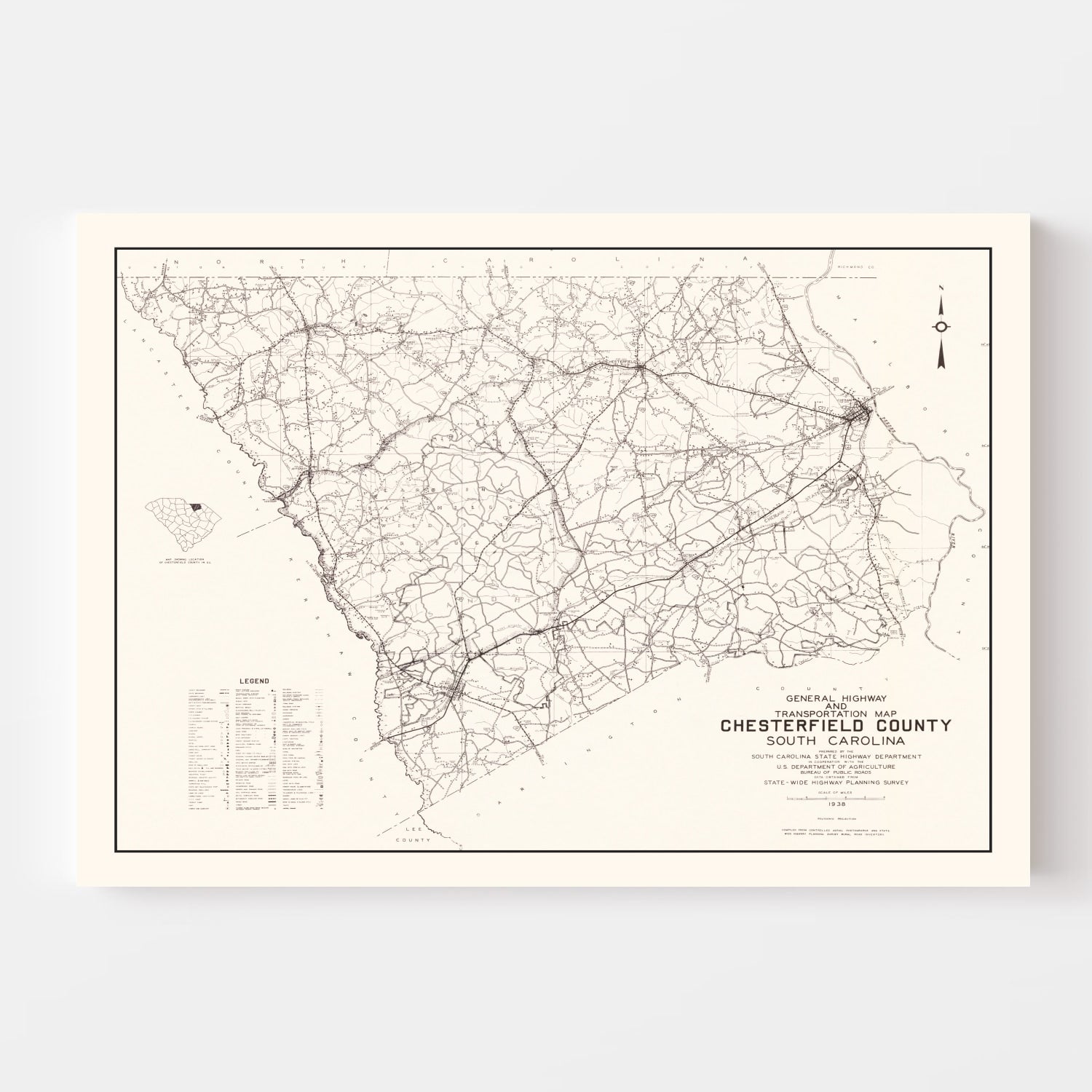 Vintage Map of Chesterfield County, South Carolina 1938