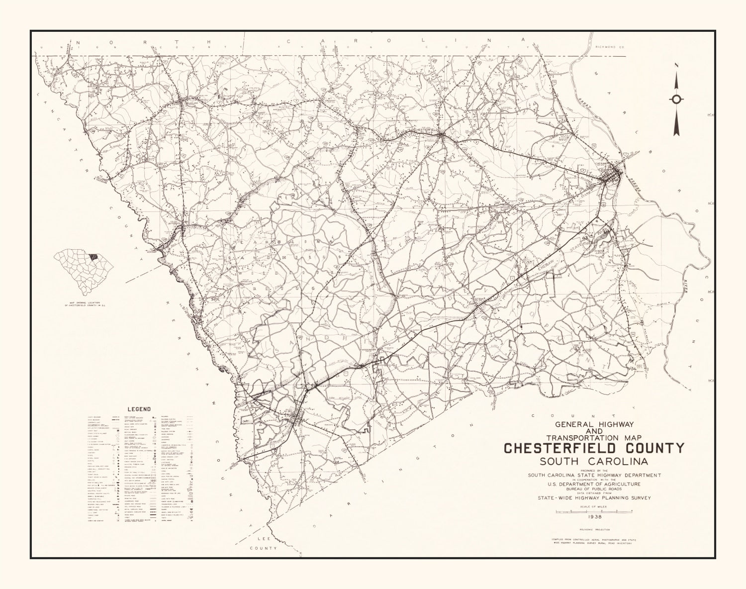 Vintage Map of Chesterfield County, South Carolina 1938