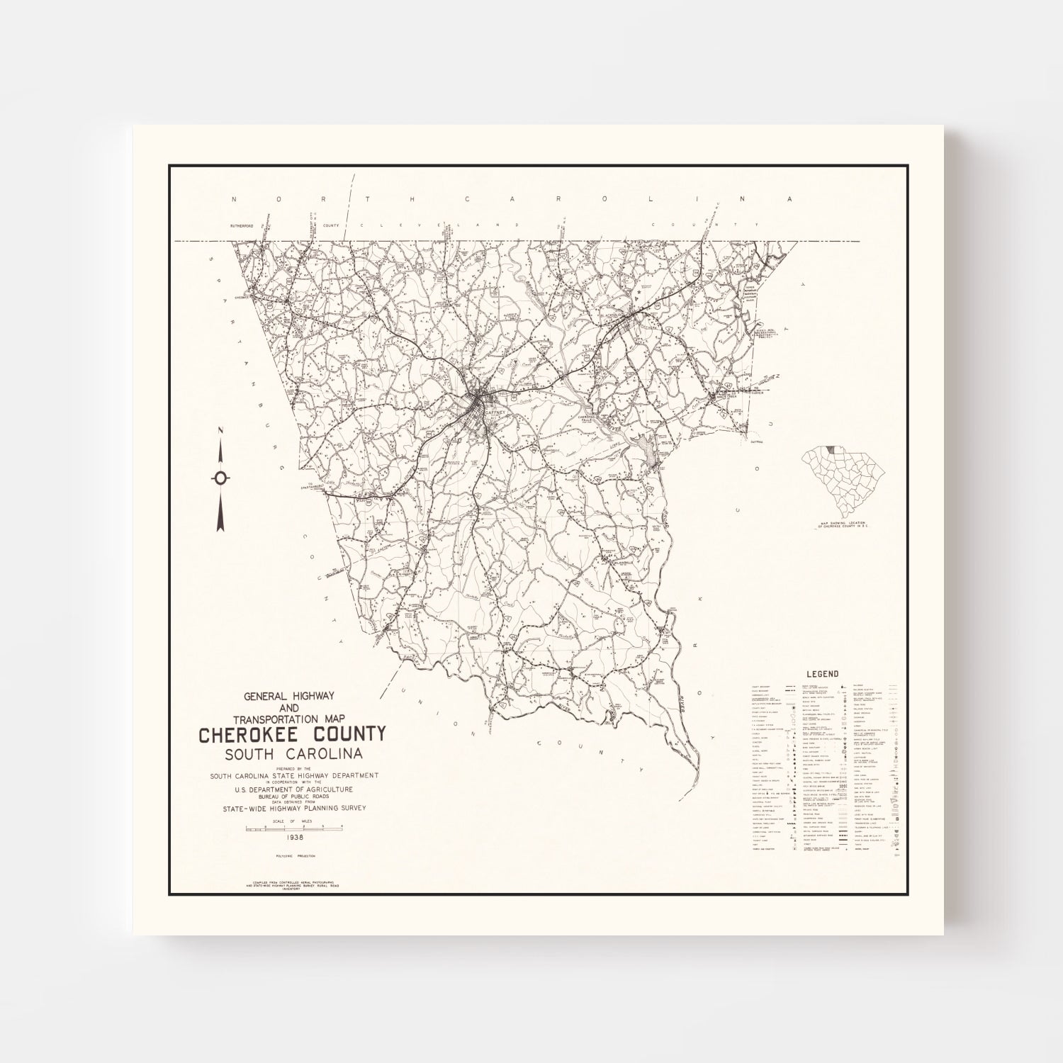 Vintage Map of Cherokee County, South Carolina 1938