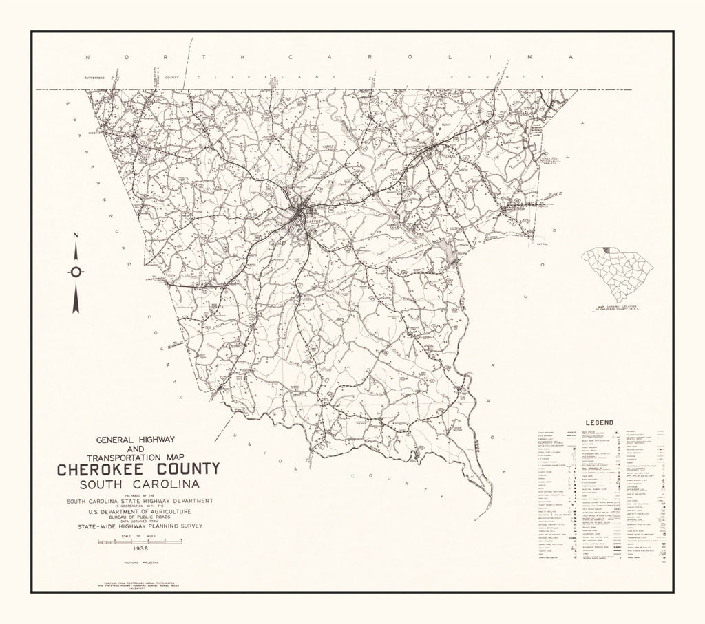 Vintage Map of Cherokee County, South Carolina 1938