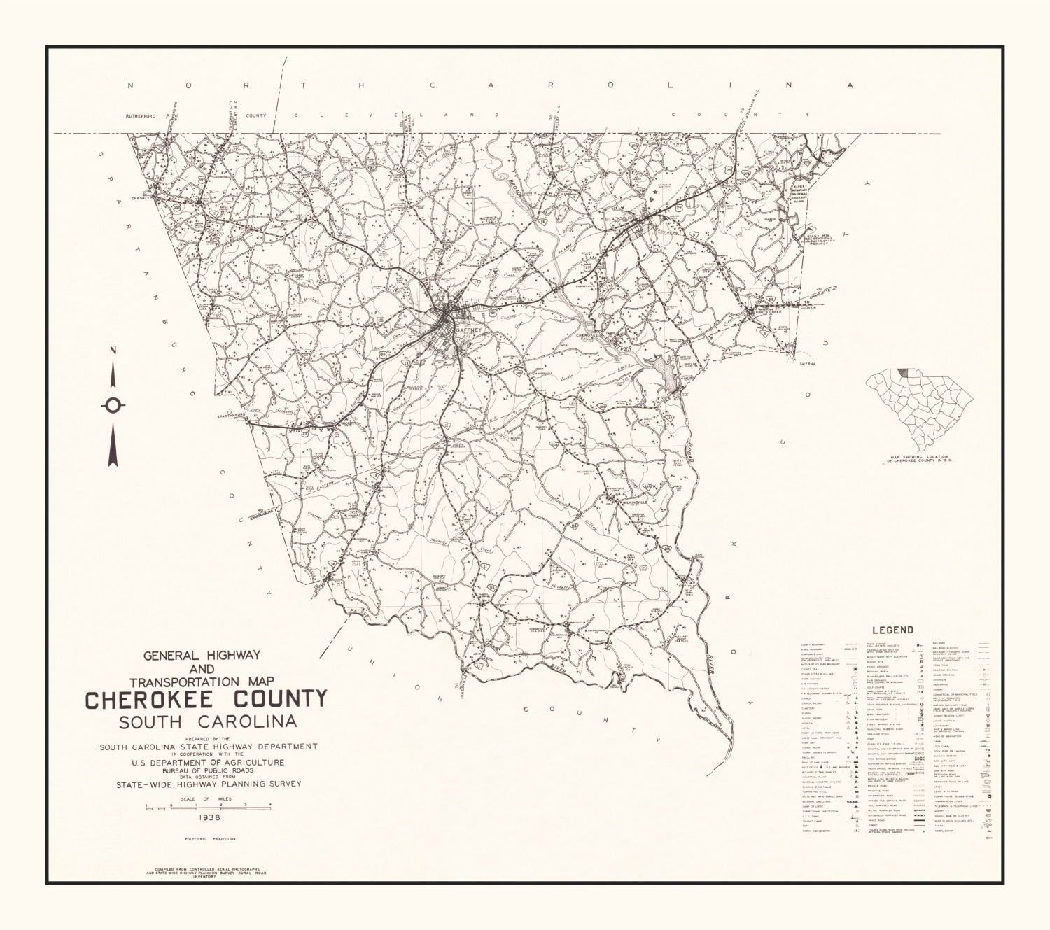 Vintage Map of Cherokee County, South Carolina 1938
