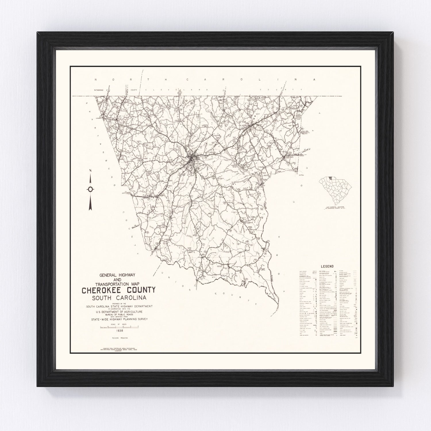 Vintage Map of Cherokee County, South Carolina 1938