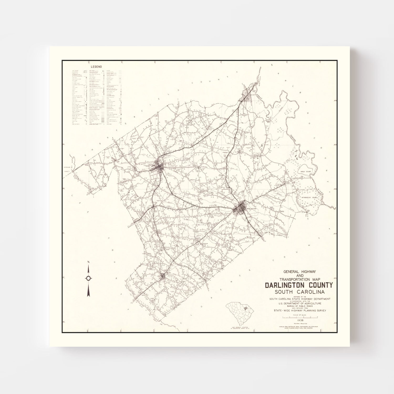 Vintage Map of Darlington County, South Carolina 1938