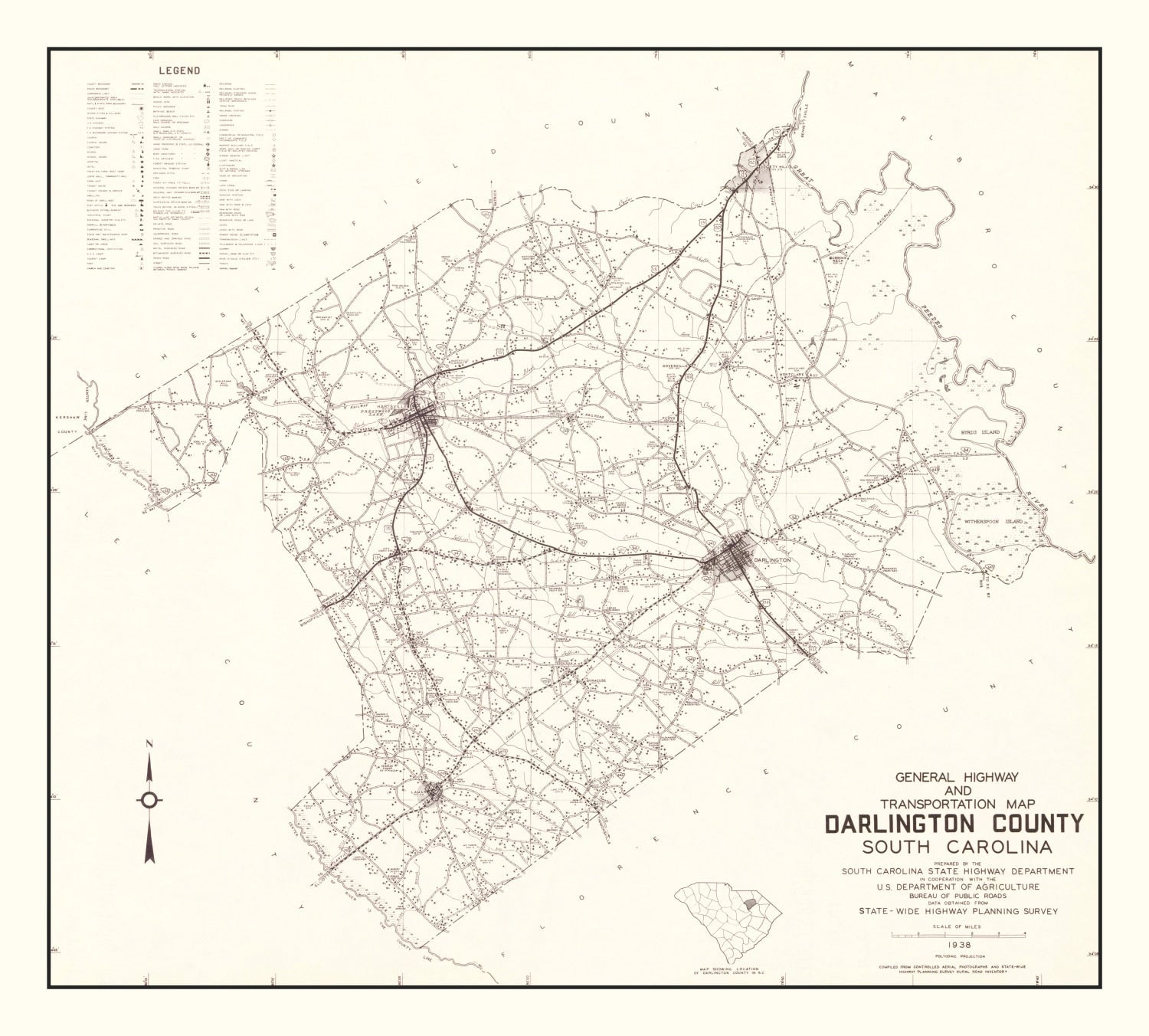 Vintage Map of Darlington County, South Carolina 1938