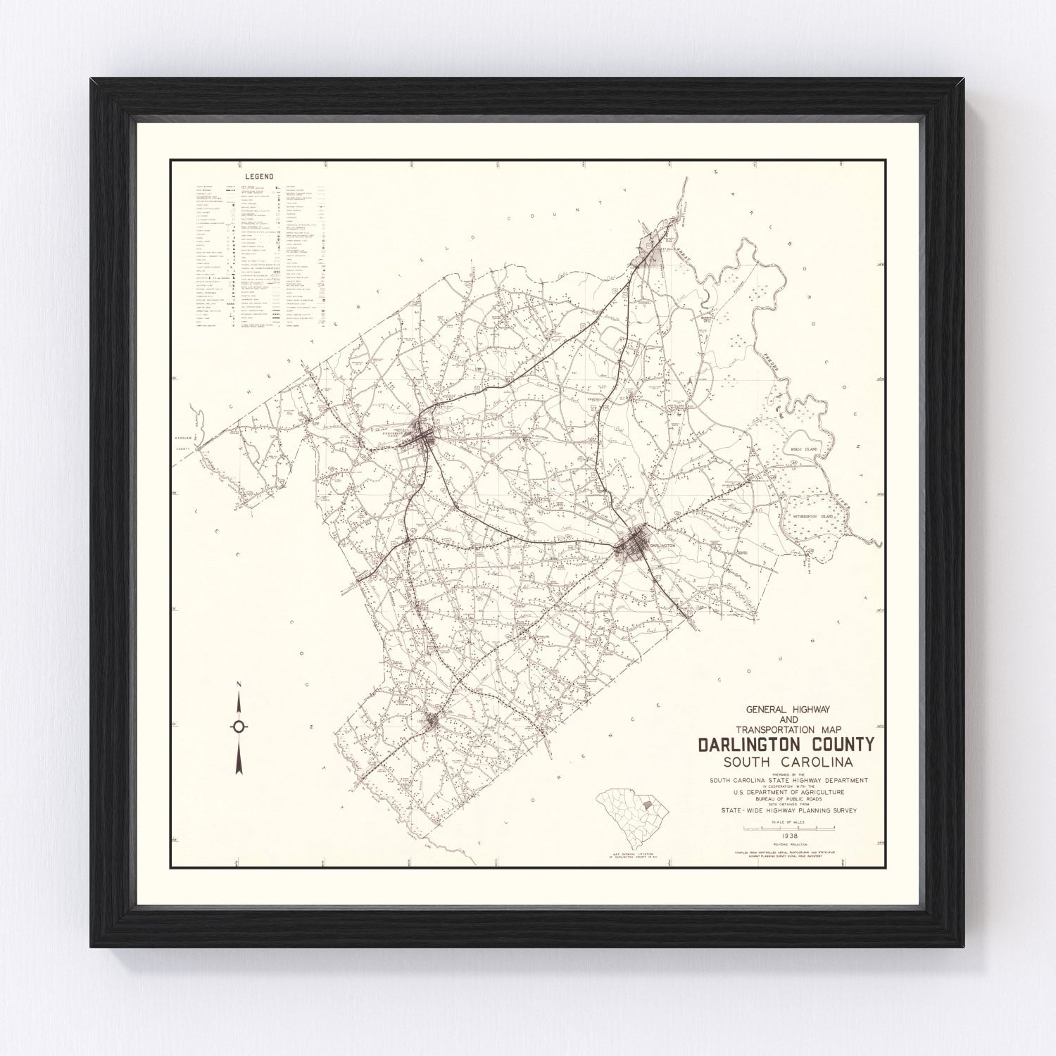 Vintage Map of Darlington County, South Carolina 1938