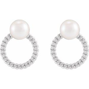 Platinum Cultured White Akoya Pearl & Curb Chain Earrings