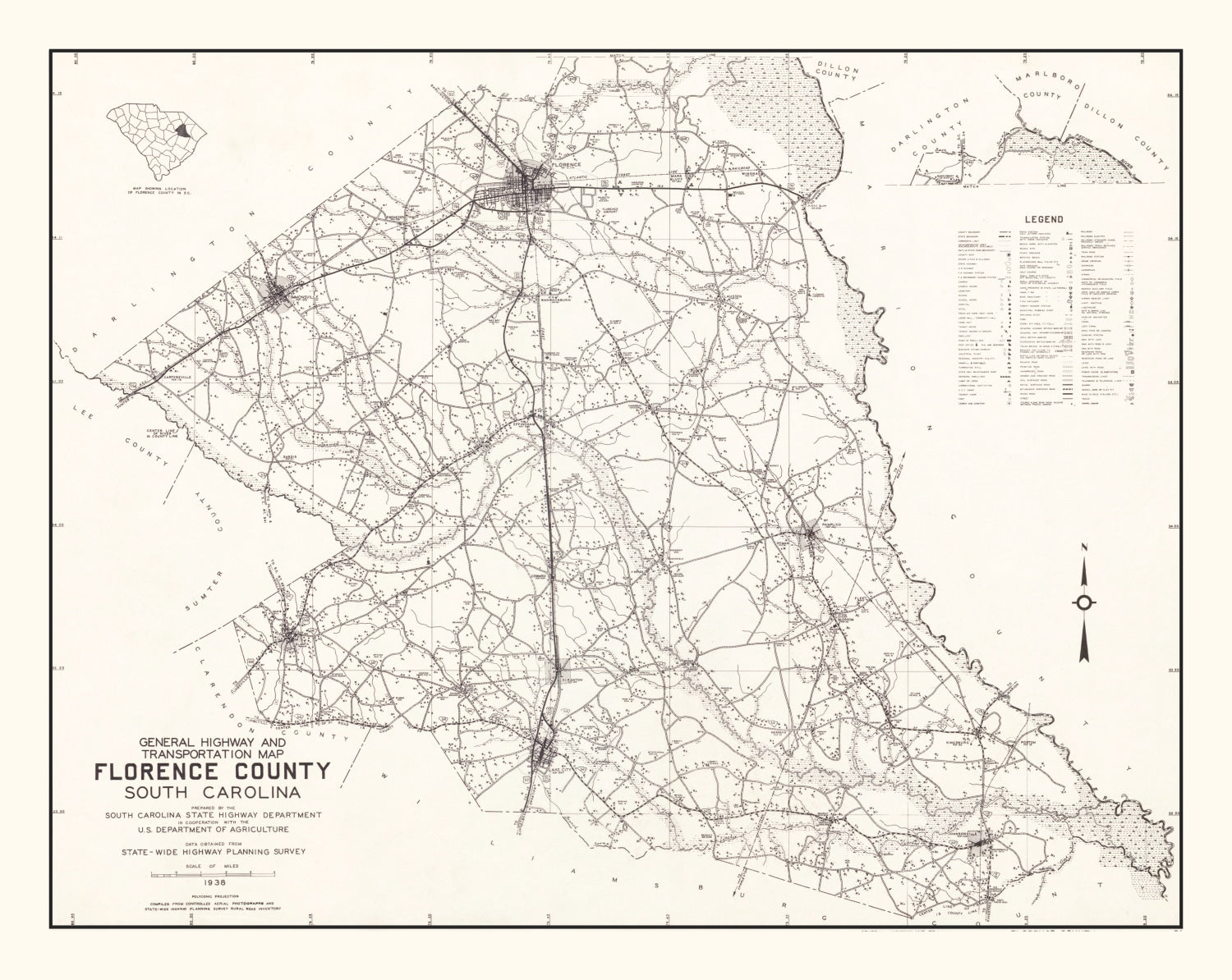 Vintage Map of Florence County, South Carolina 1938