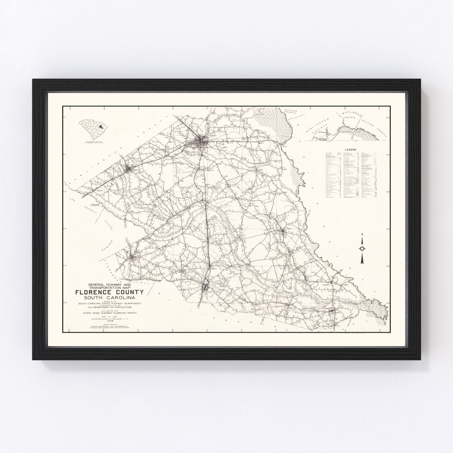 Vintage Map of Florence County, South Carolina 1938