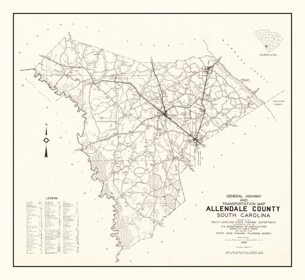 Vintage Map of Allendale County, South Carolina 1938