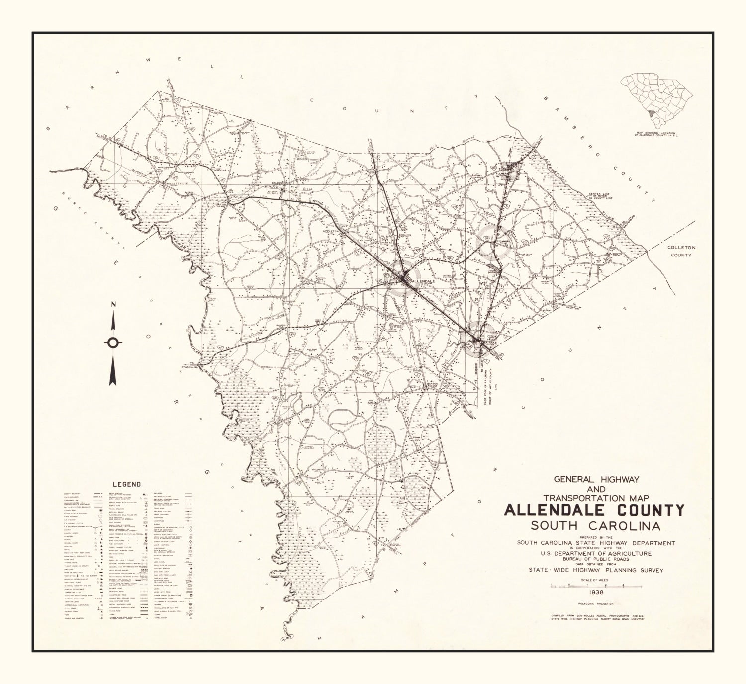 Vintage Map of Allendale County, South Carolina 1938