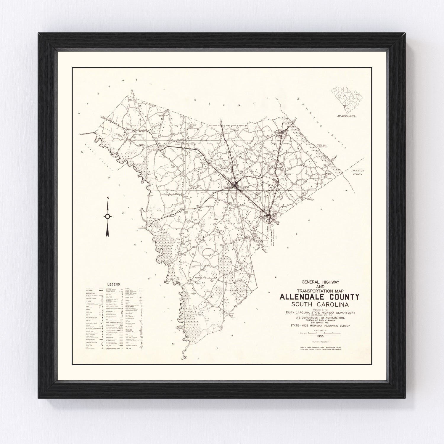 Vintage Map of Allendale County, South Carolina 1938
