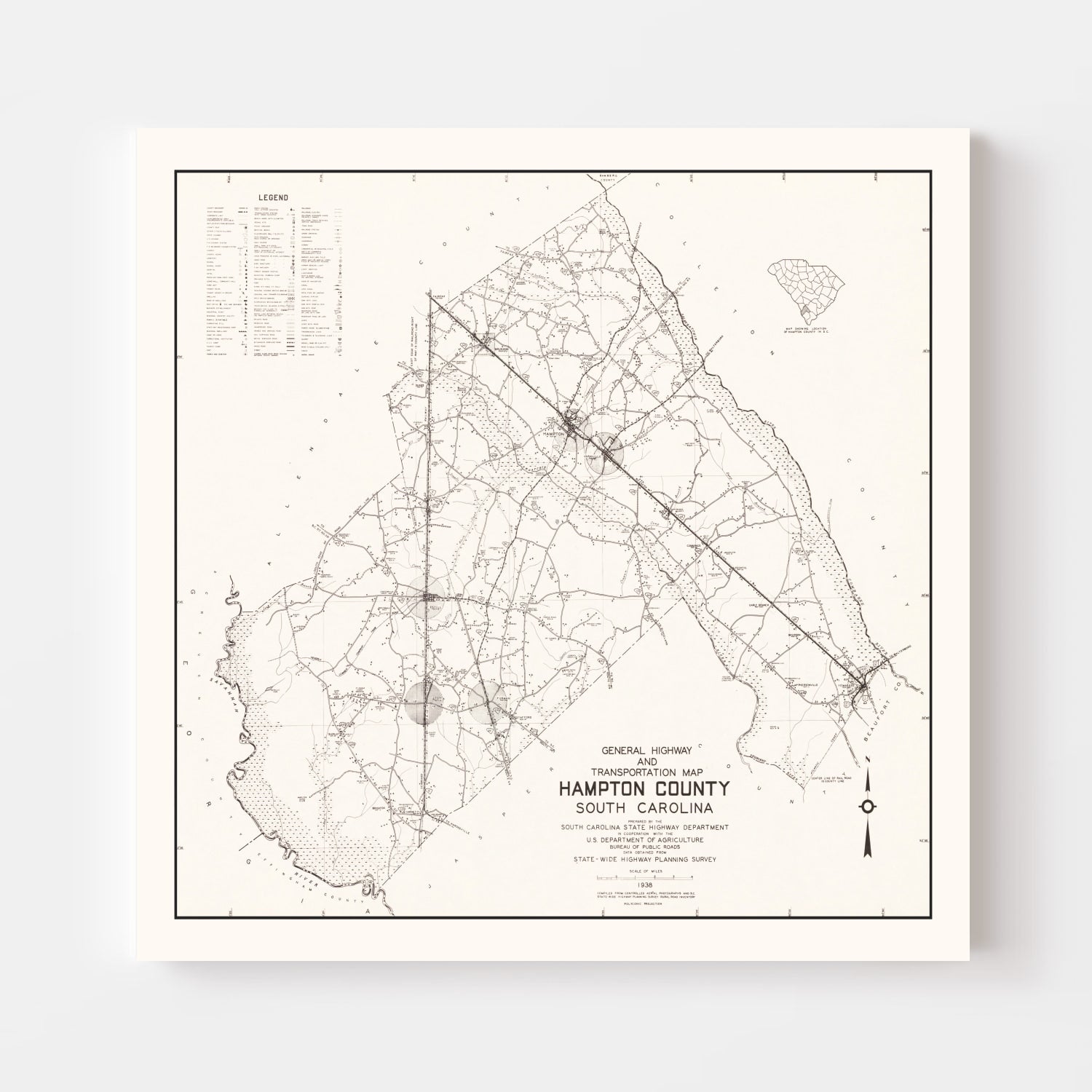 Vintage Map of Hampton County, South Carolina 1938