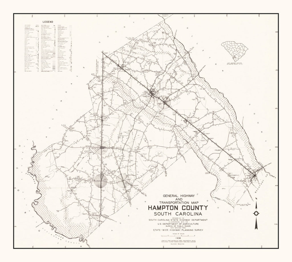 Vintage Map of Hampton County, South Carolina 1938