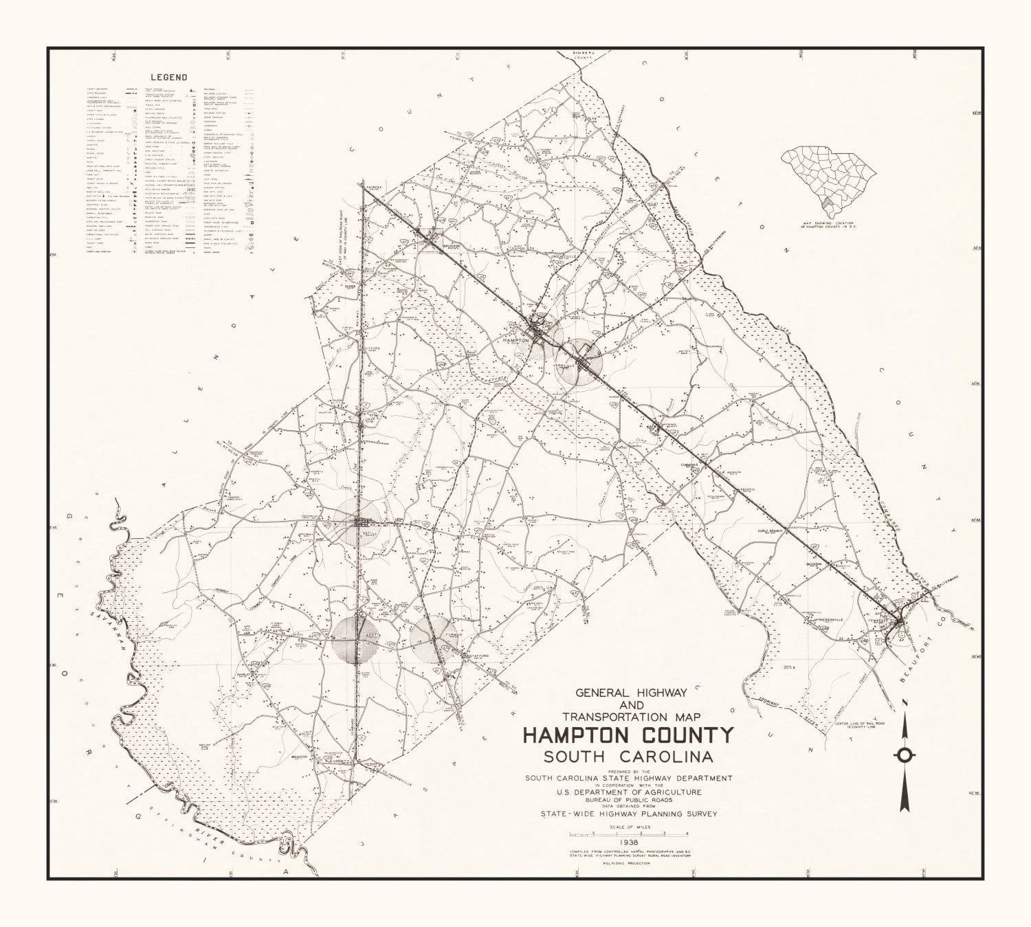 Vintage Map of Hampton County, South Carolina 1938