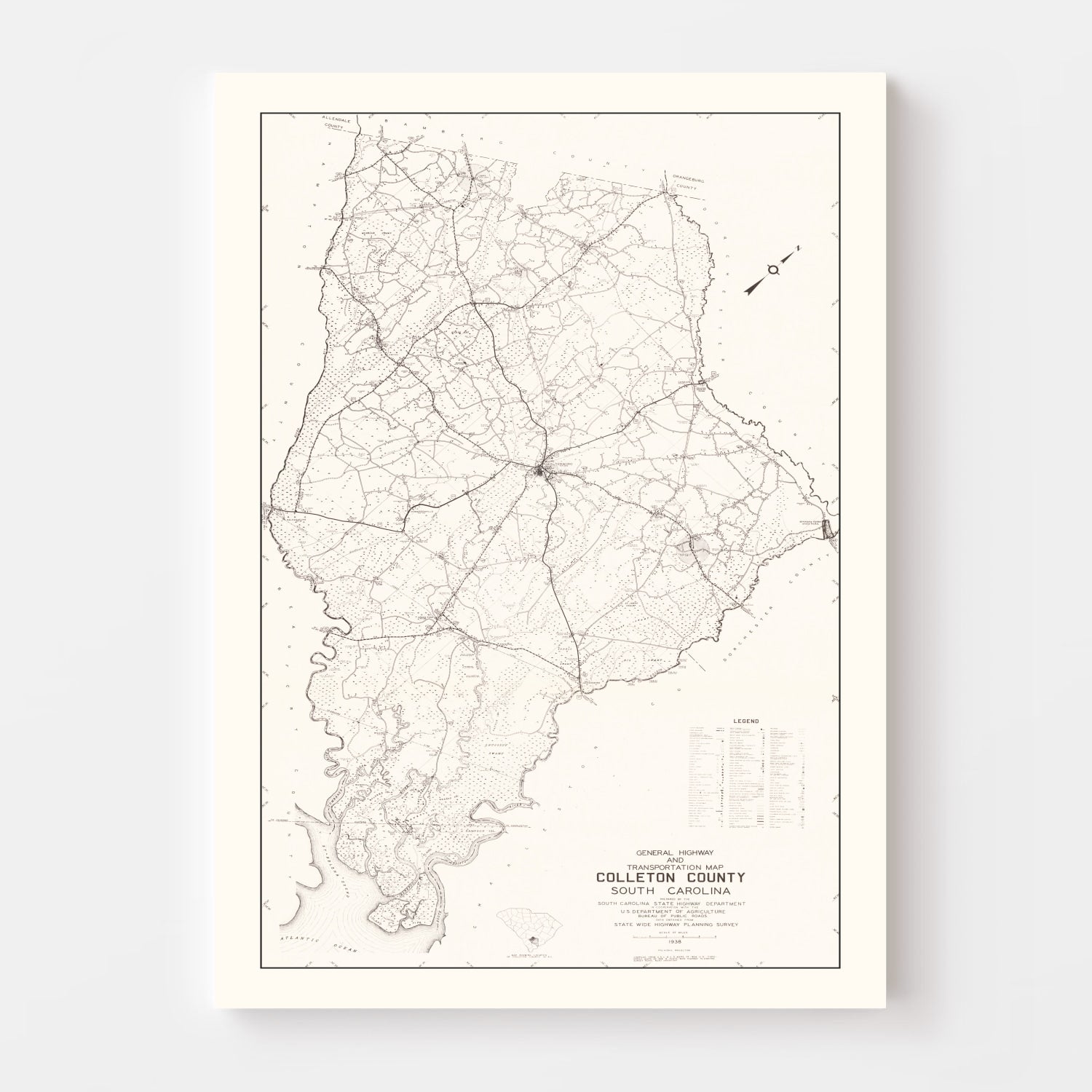 Vintage Map of Colleton County, South Carolina 1938