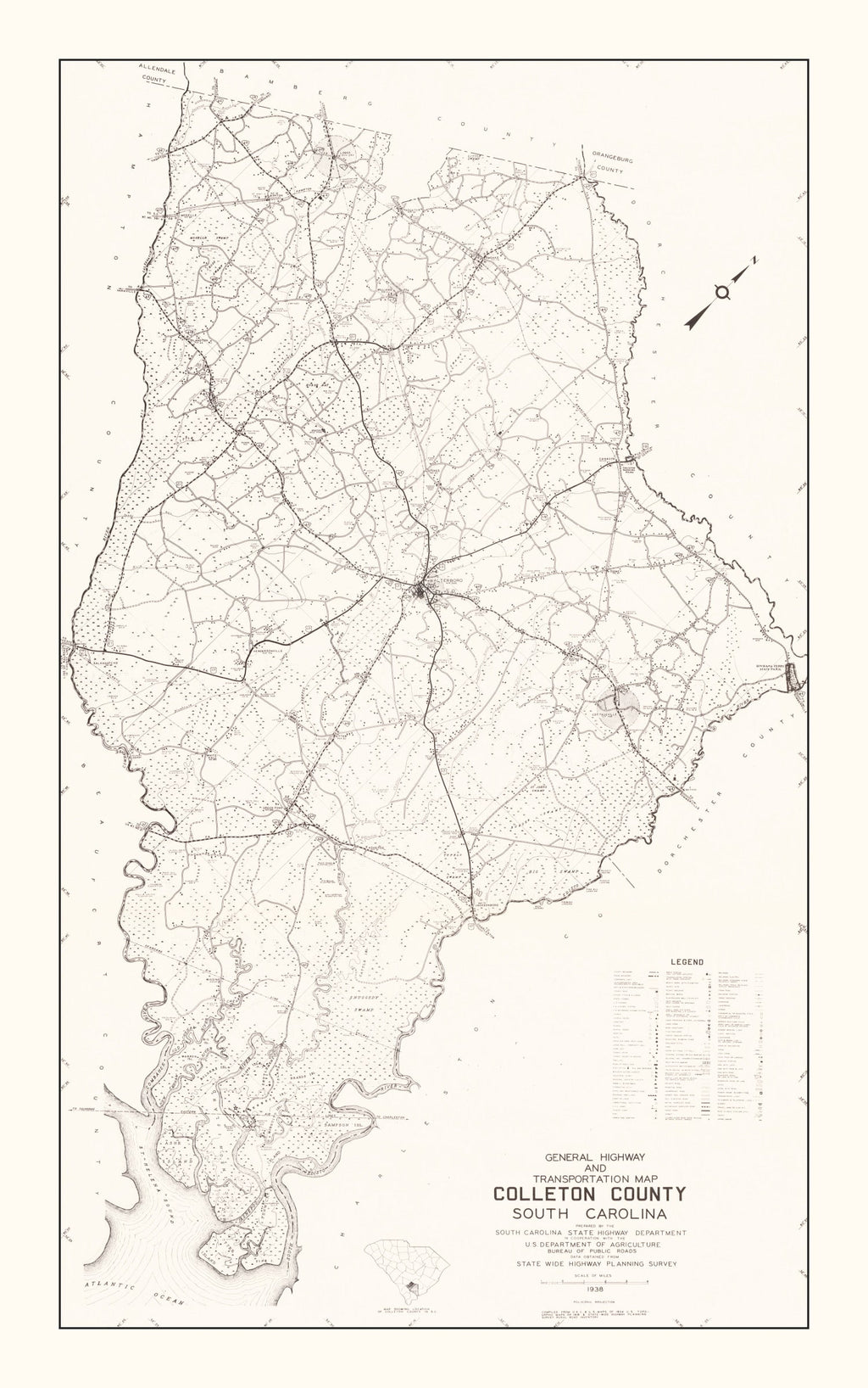 Vintage Map of Colleton County, South Carolina 1938