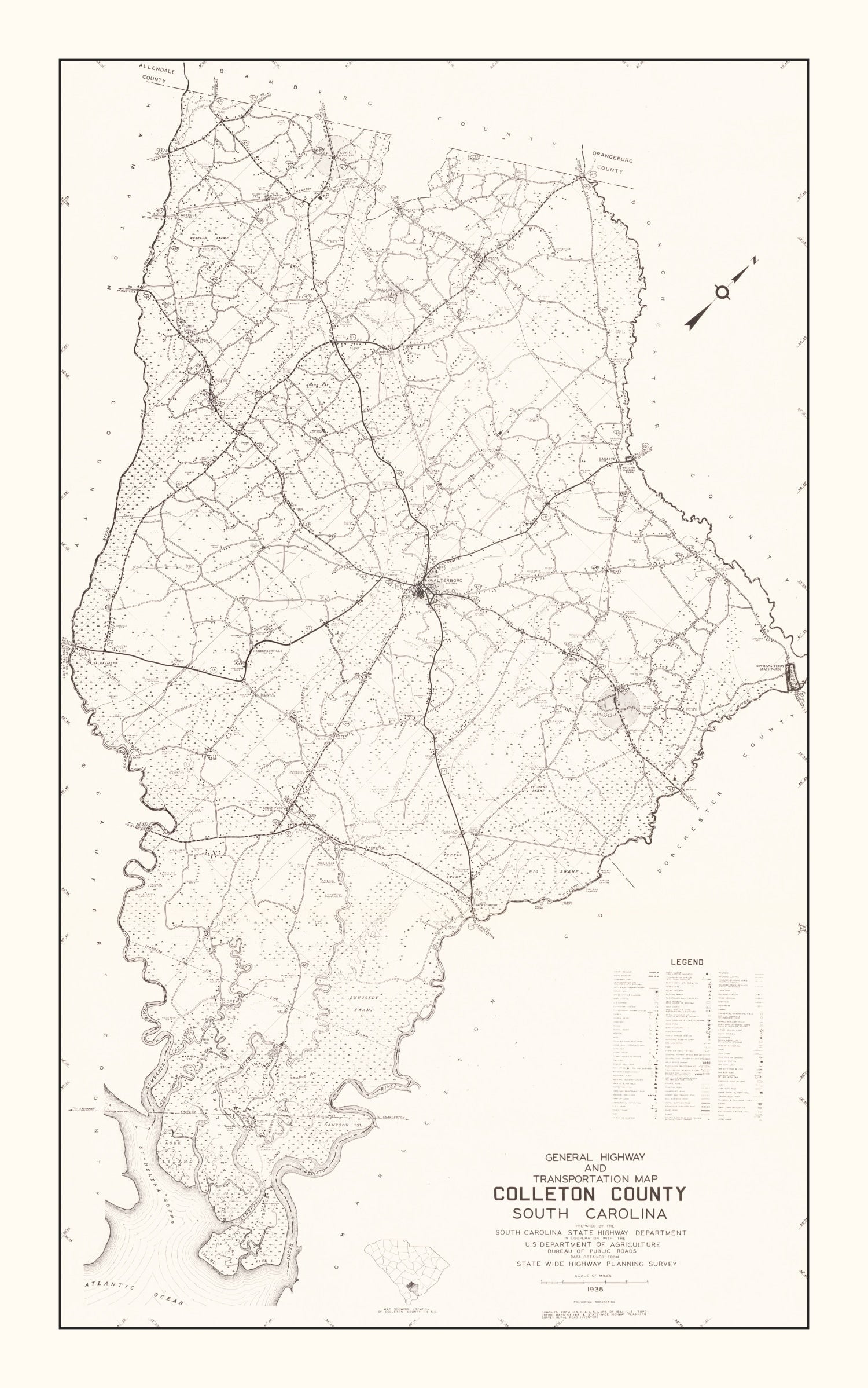 Vintage Map of Colleton County, South Carolina 1938
