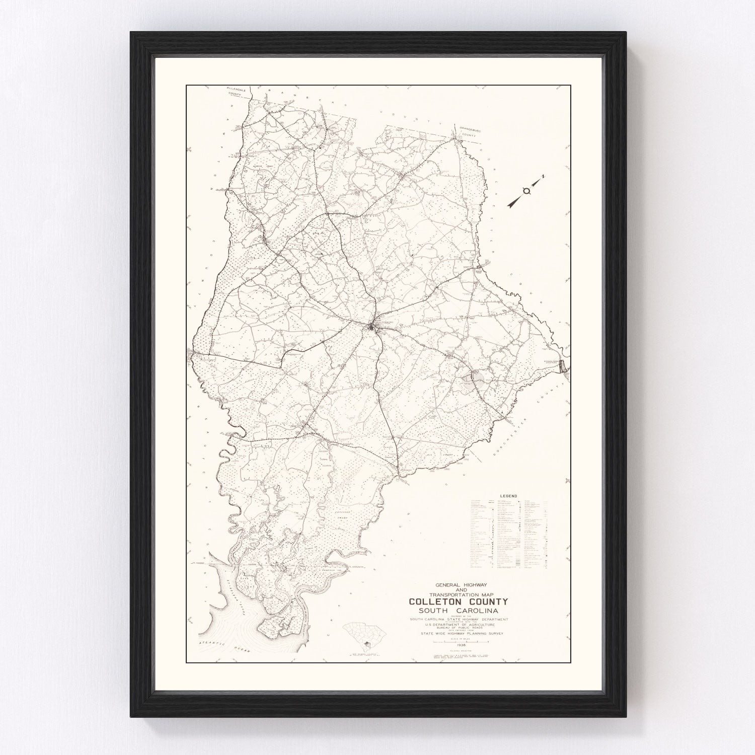 Vintage Map of Colleton County, South Carolina 1938