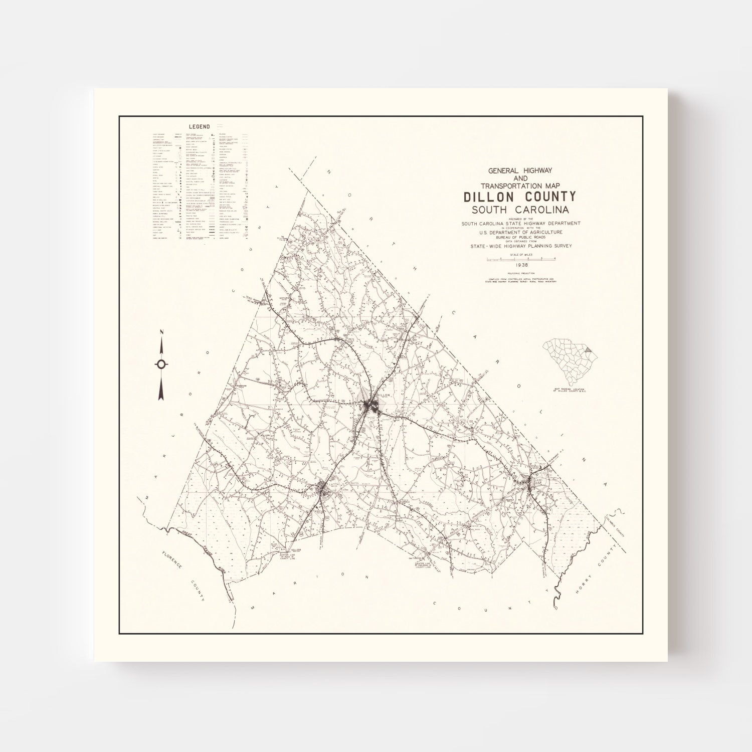 Vintage Map of Dillon County, South Carolina 1938