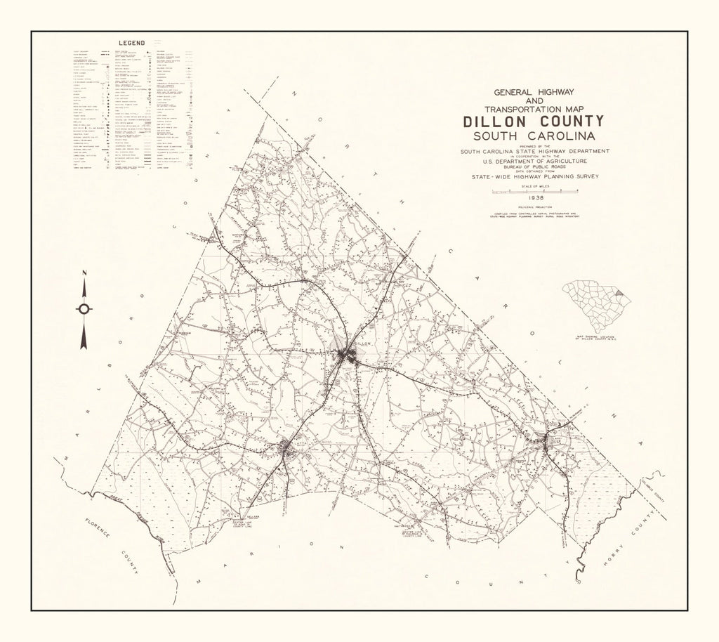 Vintage Map of Dillon County, South Carolina 1938