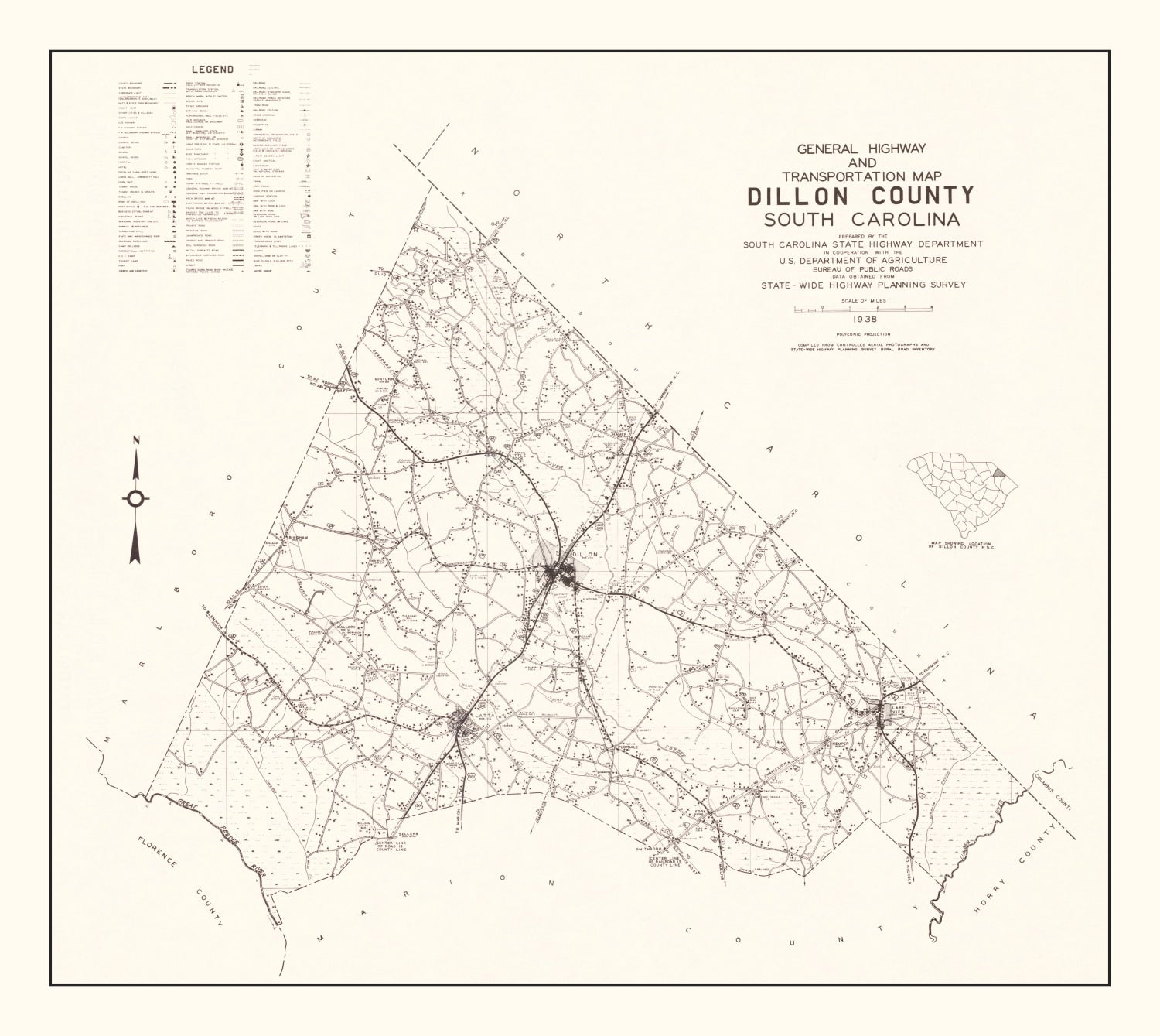 Vintage Map of Dillon County, South Carolina 1938