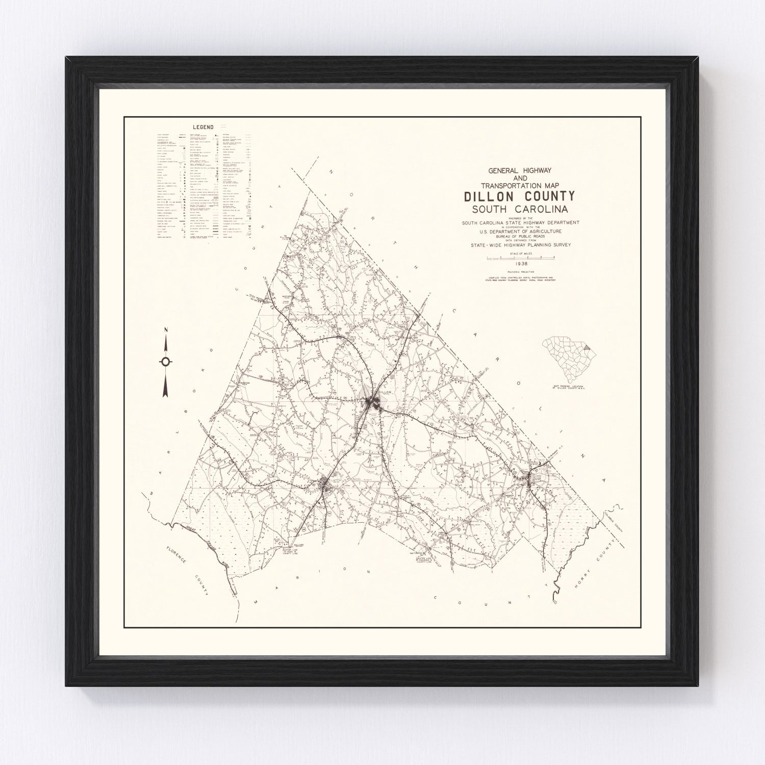 Vintage Map of Dillon County, South Carolina 1938