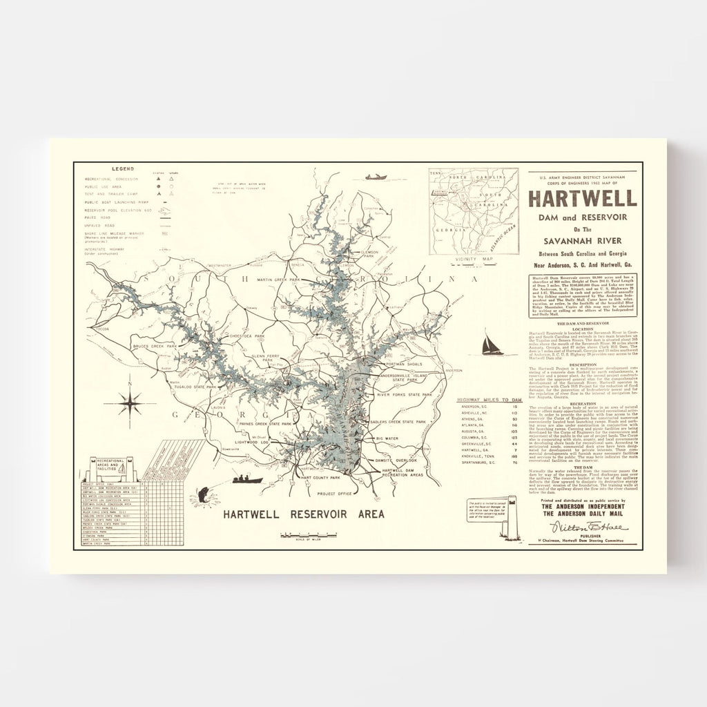 Vintage Hartwell Dam & Reservoir Map 1964