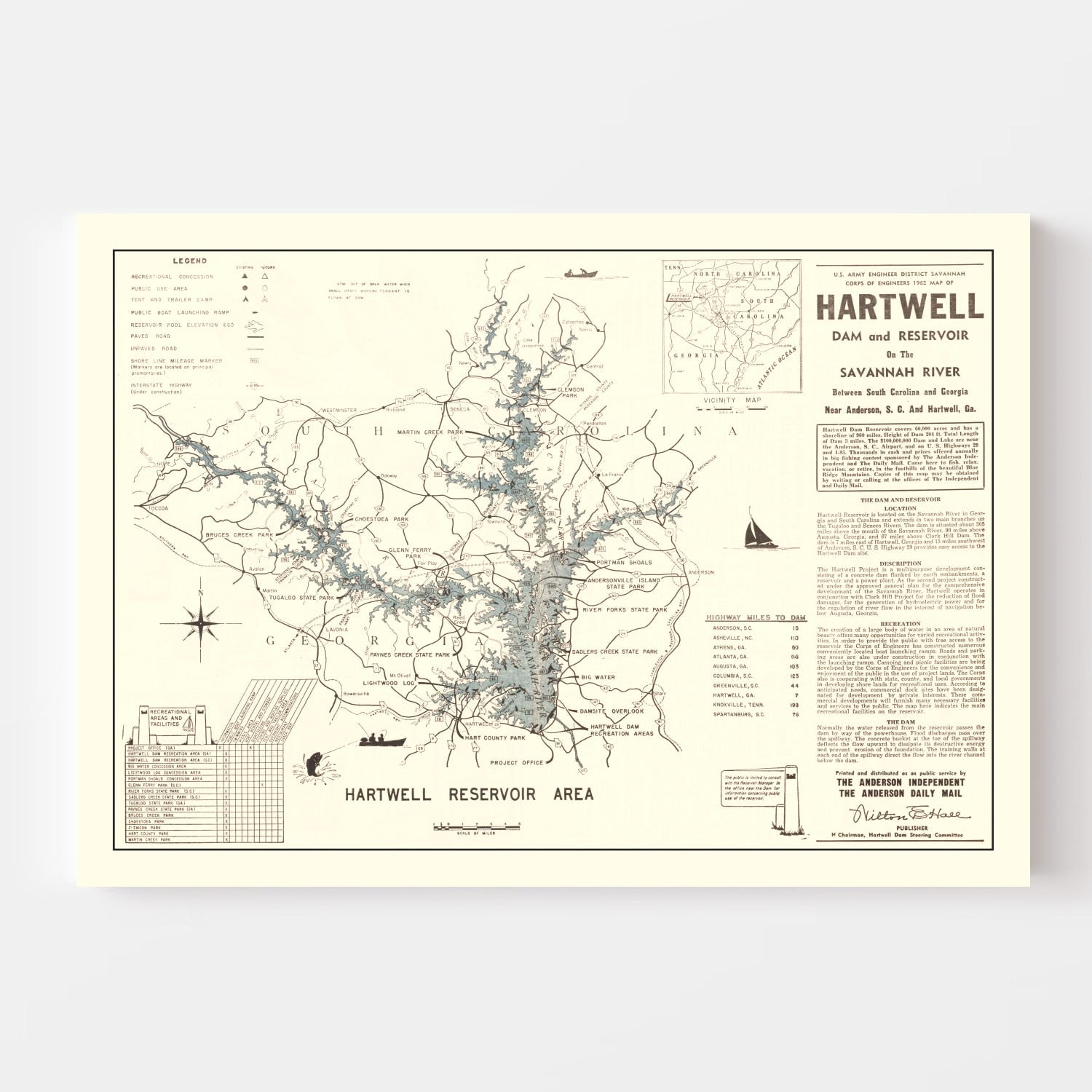 Vintage Hartwell Dam & Reservoir Map 1964