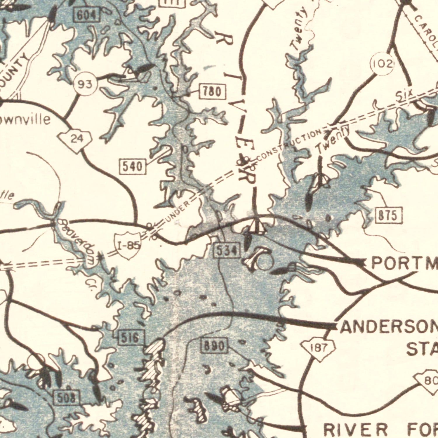 Vintage Hartwell Dam & Reservoir Map 1964