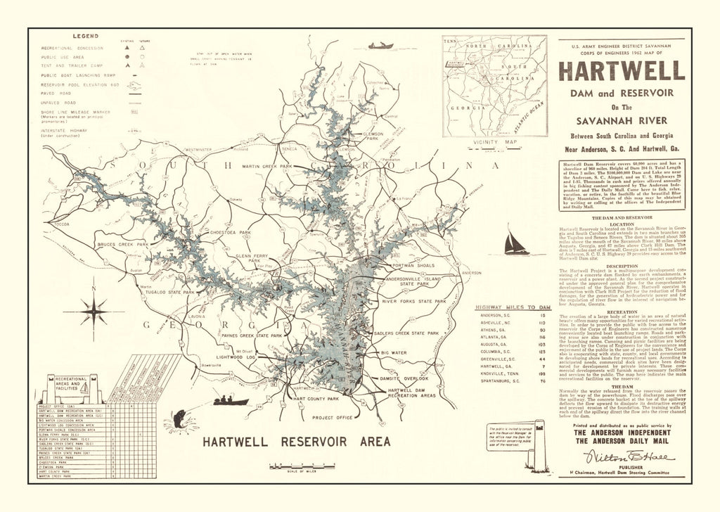 Vintage Hartwell Dam & Reservoir Map 1964