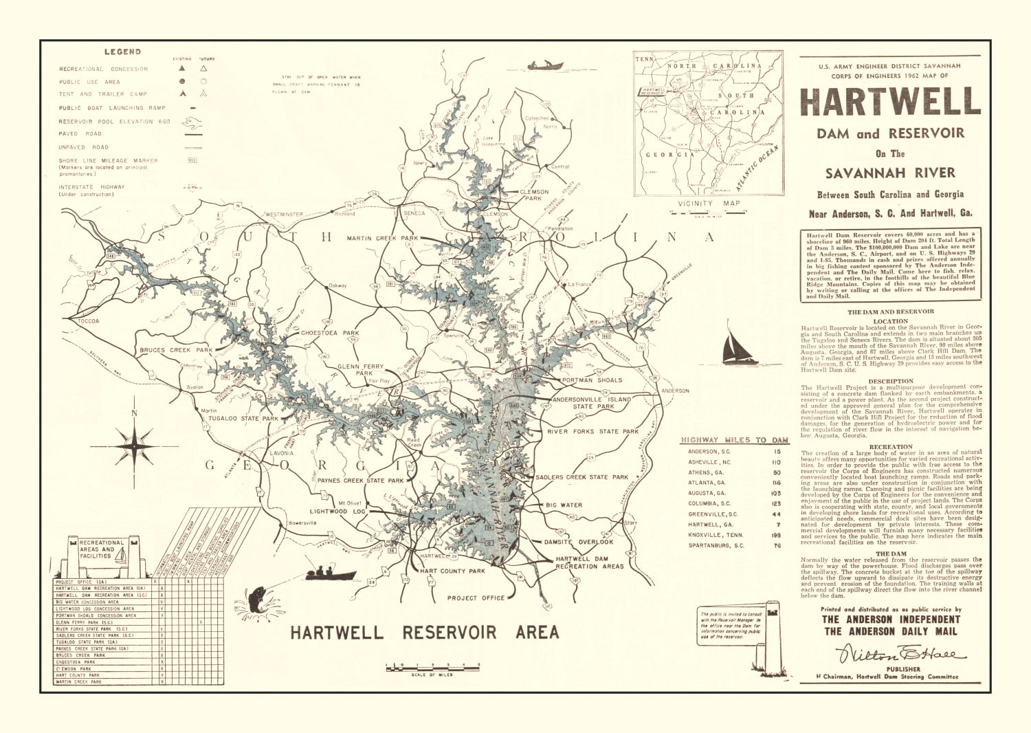 Vintage Hartwell Dam & Reservoir Map 1964