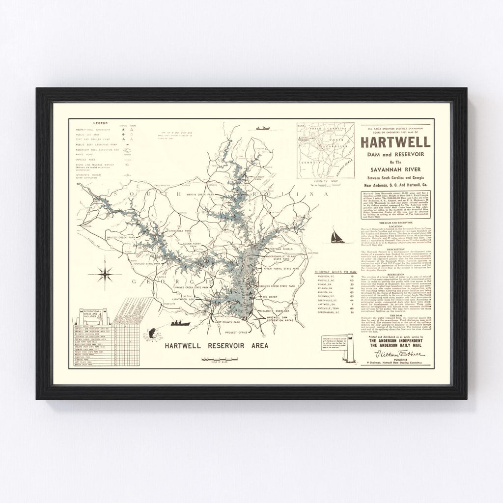Vintage Hartwell Dam & Reservoir Map 1964