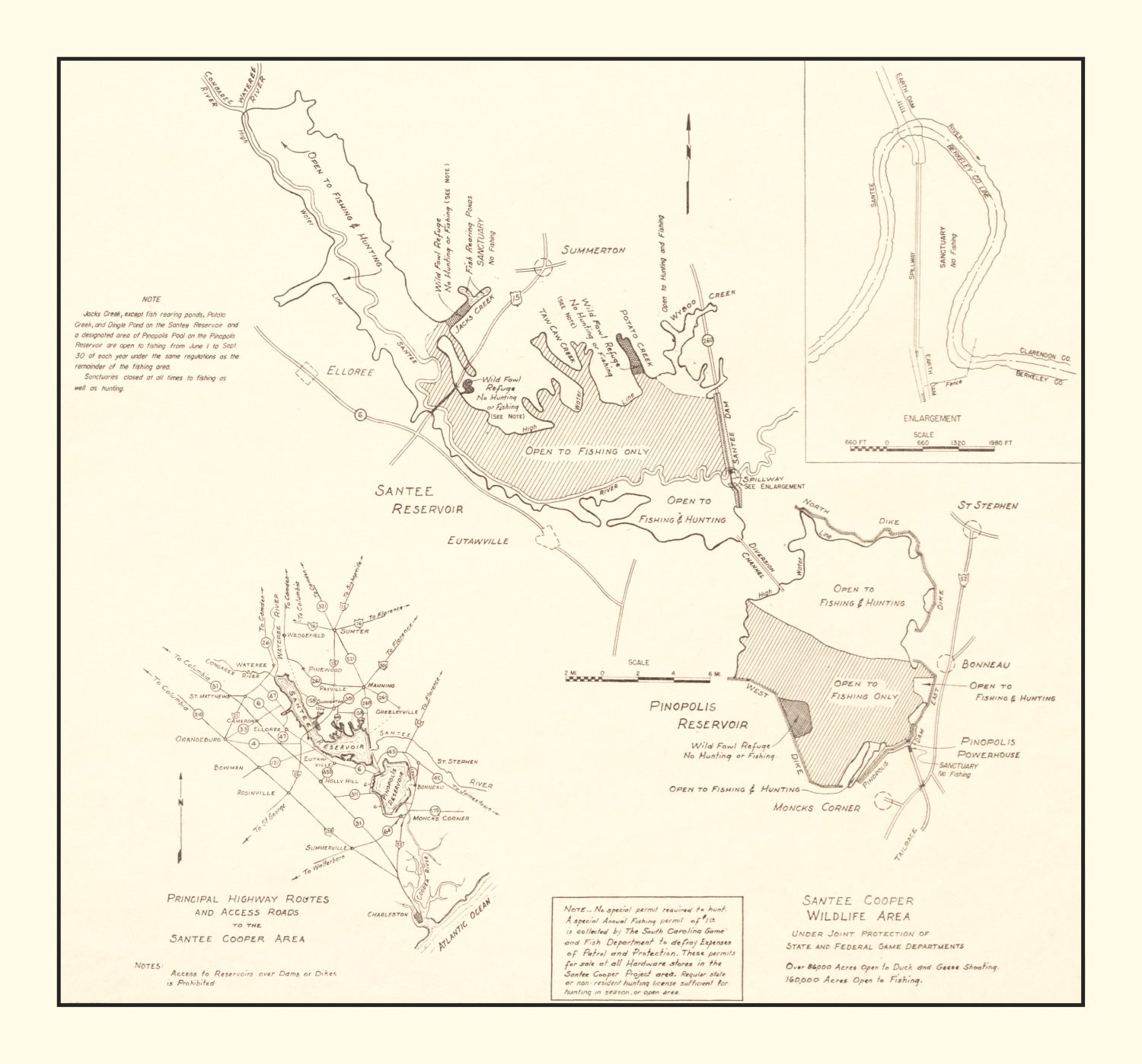 Vintage Santee Cooper Wildlife Area Map 1943