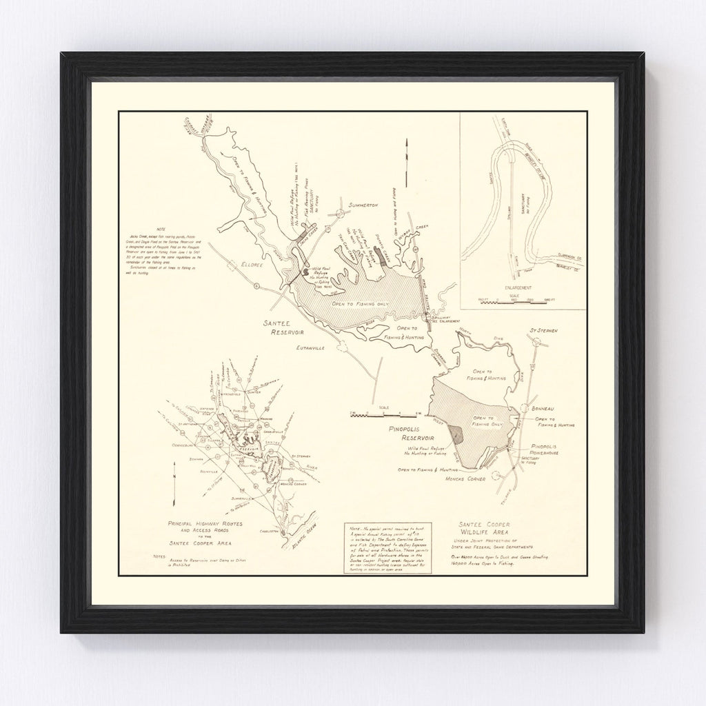 Vintage Santee Cooper Wildlife Area Map 1943