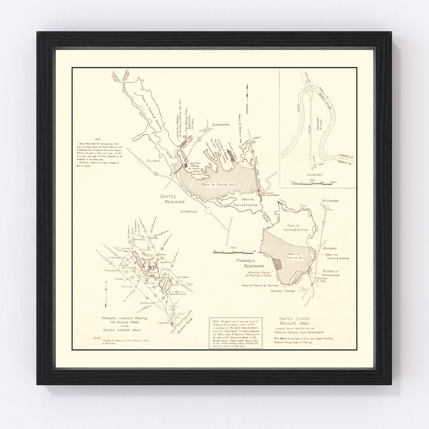 Vintage Santee Cooper Wildlife Area Map 1943