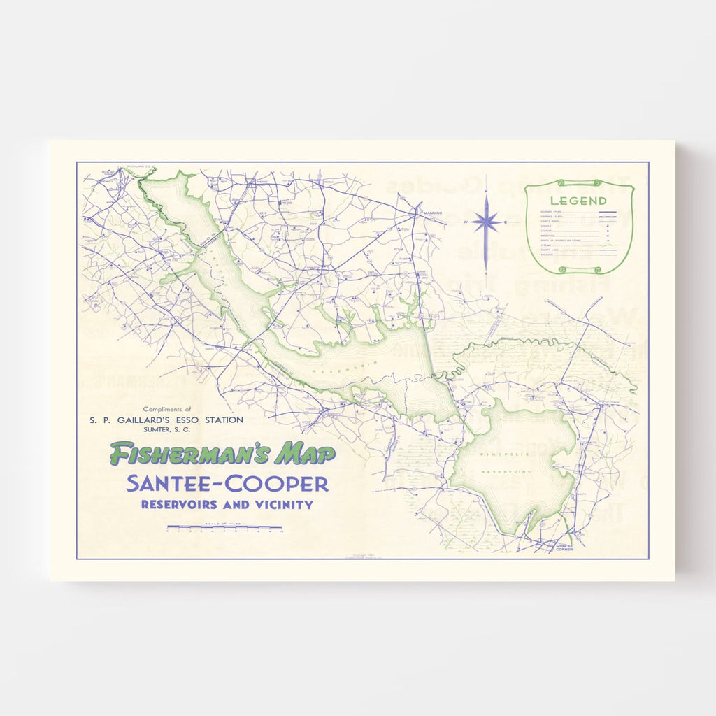 Vintage Fishermans Map of Santee Cooper Reservoir 1944