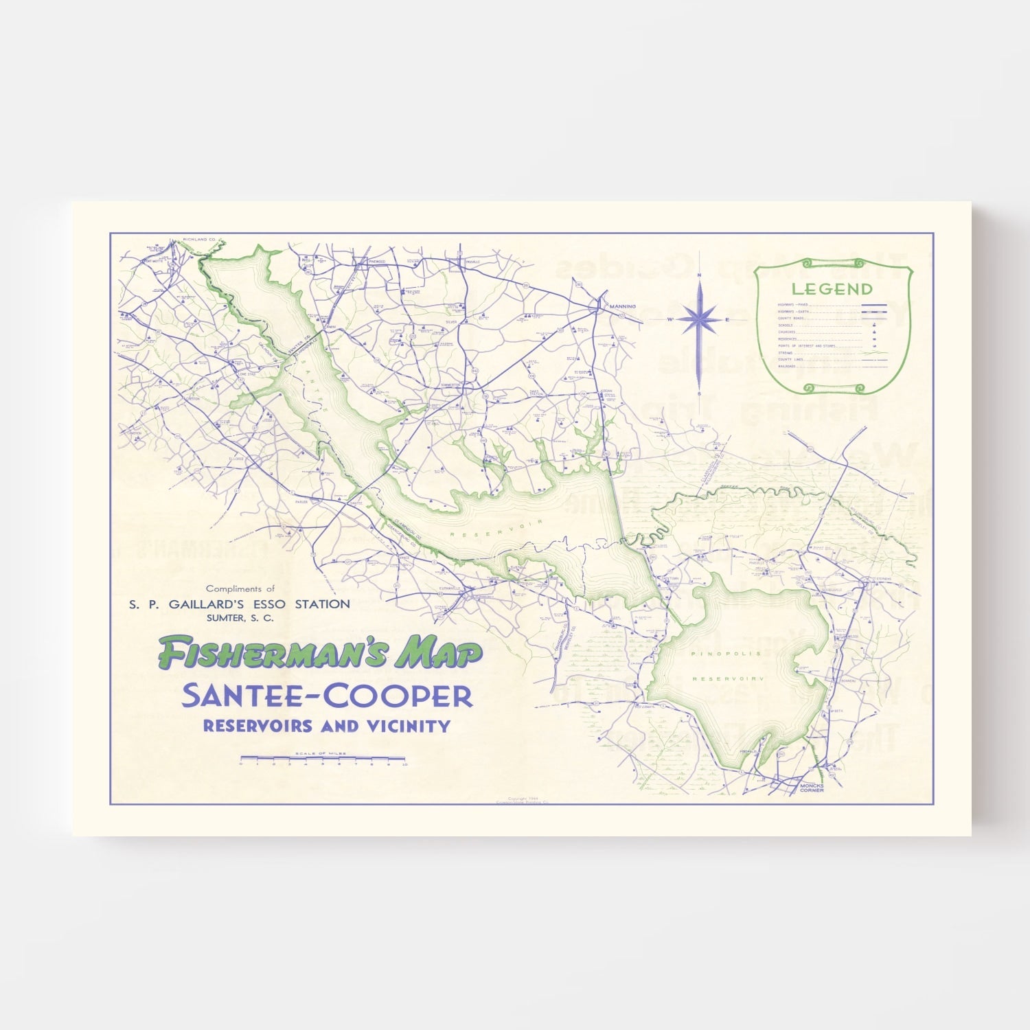 Vintage Fishermans Map of Santee Cooper Reservoir 1944