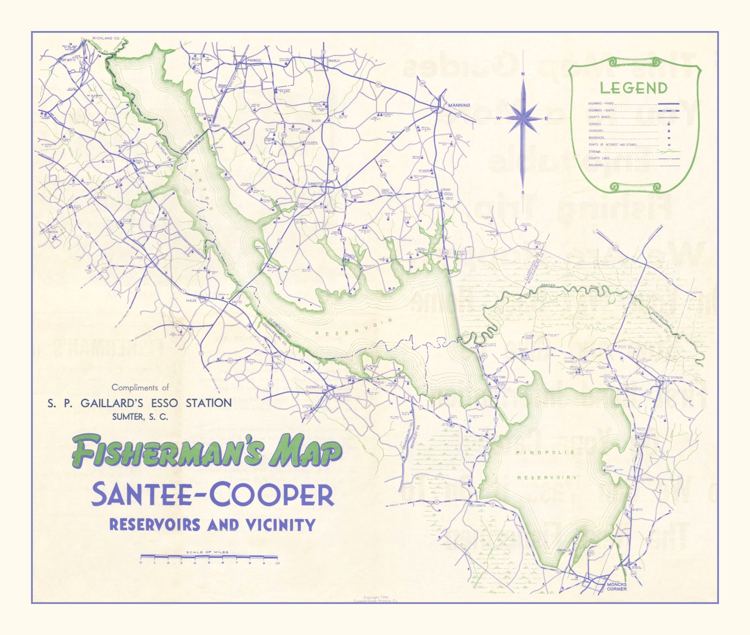 Vintage Fishermans Map of Santee Cooper Reservoir 1944