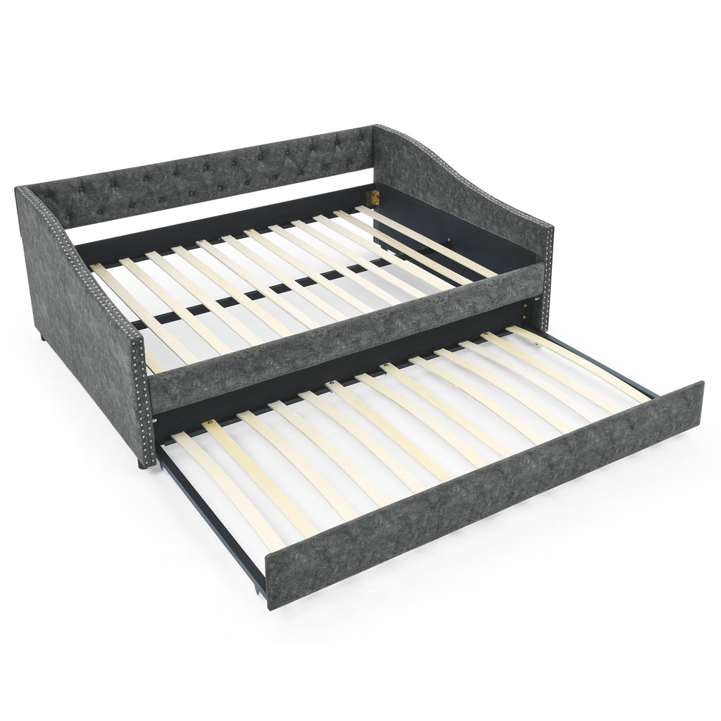 Full Size Daybed with Twin Size Trundle Upholstered Tufted Sofa Bed, with Button on Back and Copper Nail on Waved Shape Arms,Grey (80.5'x55.5'x27.5')