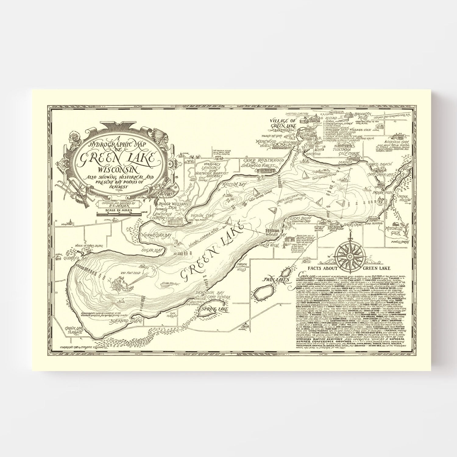 Vintage Green Lake, WI Map 1945