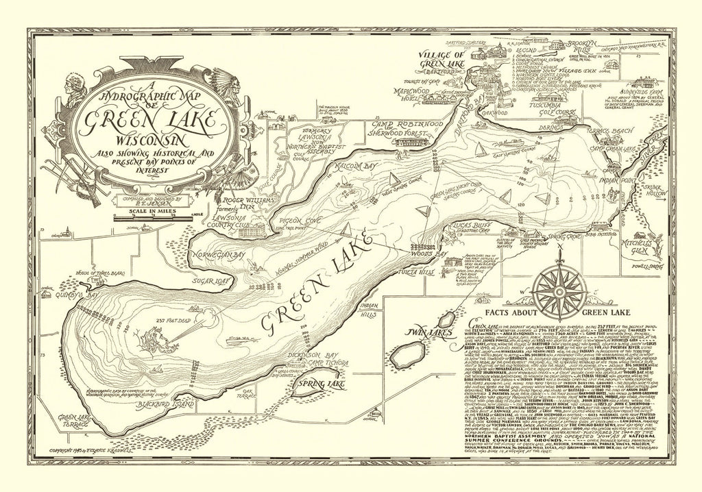 Vintage Green Lake, WI Map 1945
