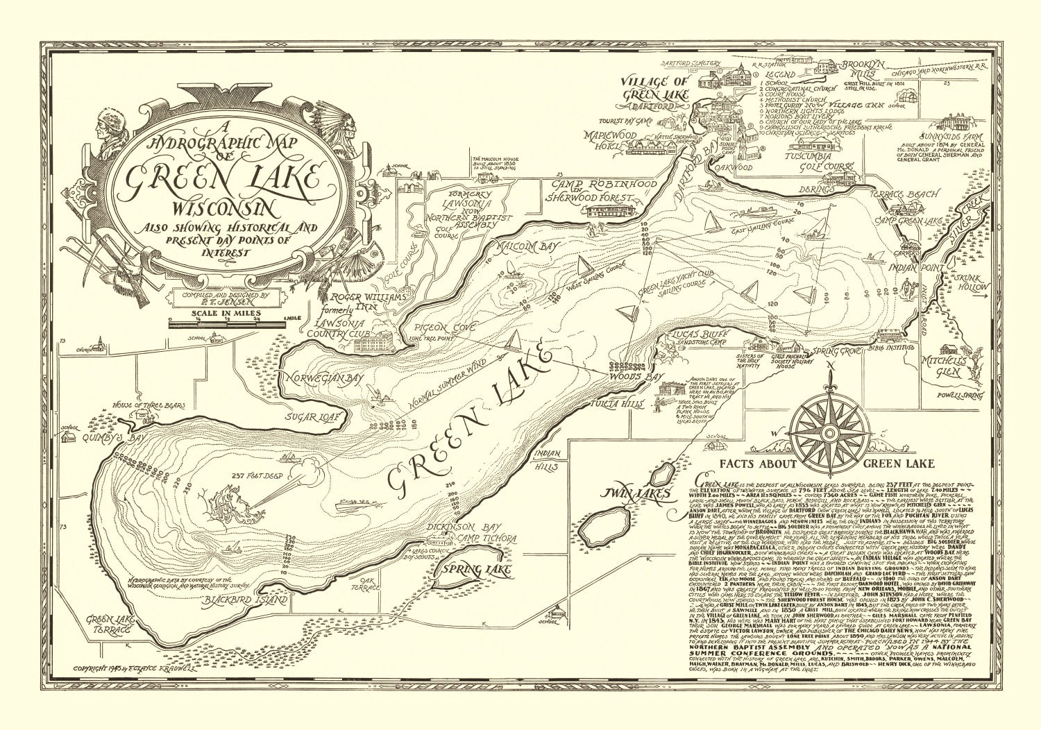 Vintage Green Lake, WI Map 1945