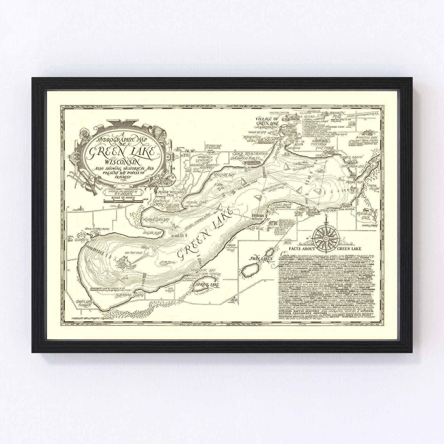 Vintage Green Lake, WI Map 1945