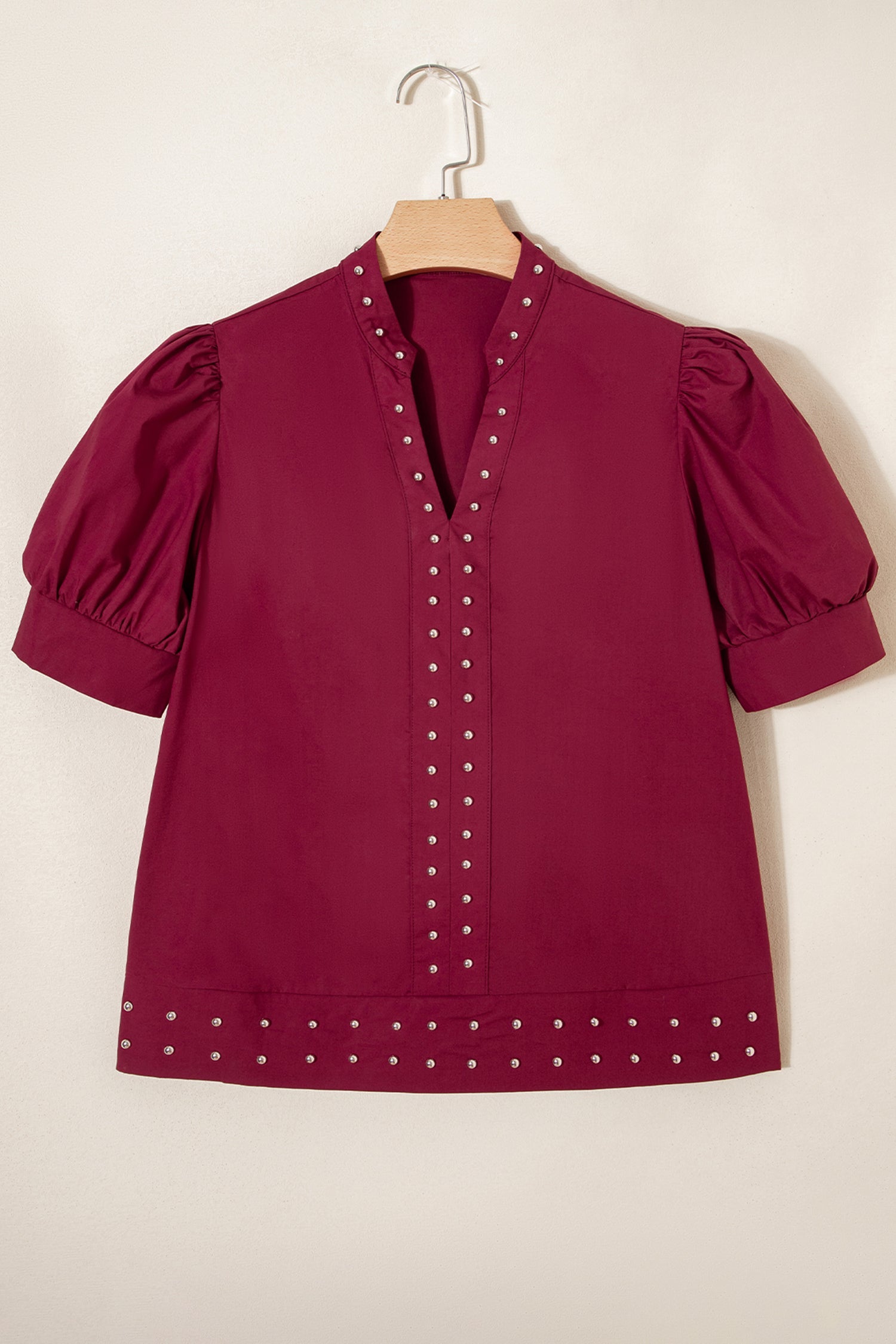 Rivet Embellish V-Neck Short Puff Blouse