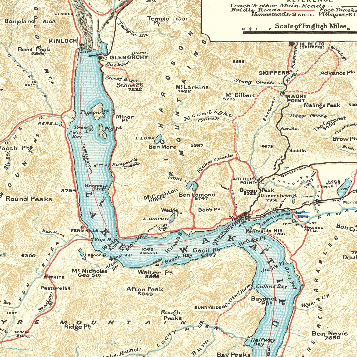 Vintage Lake Wakatipu Map 1909