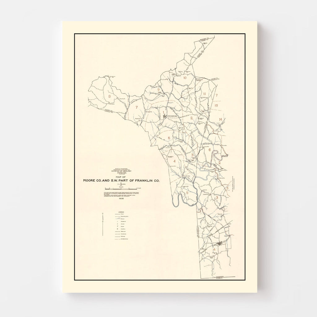 Vintage Map of Moore County, Tennessee 1935