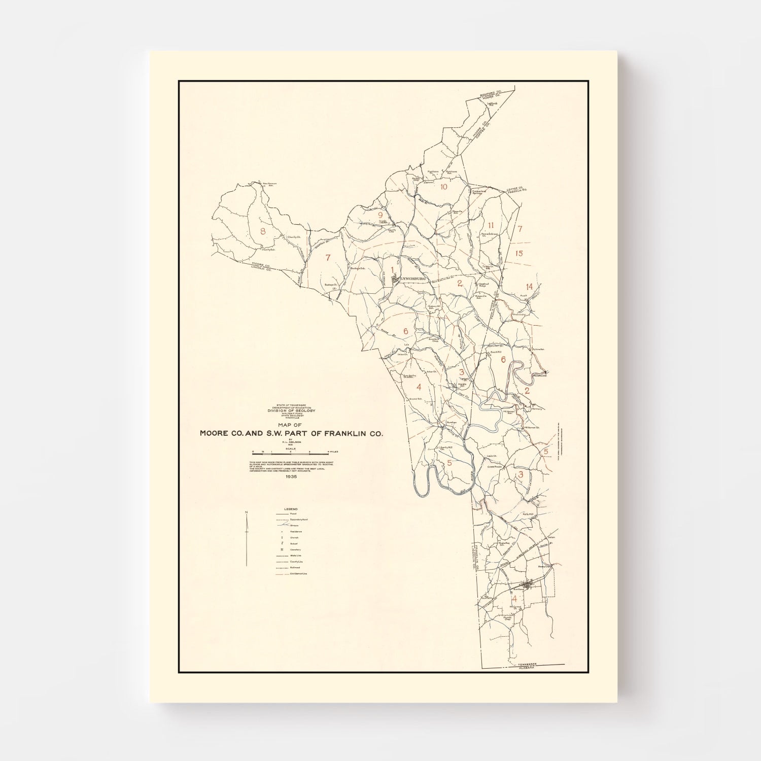 Vintage Map of Moore County, Tennessee 1935