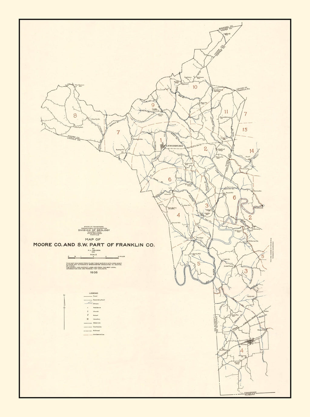 Vintage Map of Moore County, Tennessee 1935